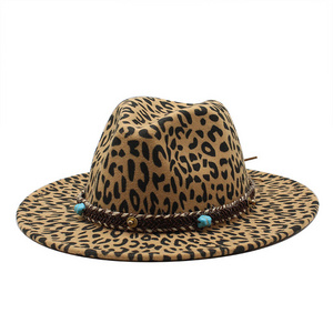 Vintage Leopard Print Floppy Panama Hat Cheap Jazz Wool Felt Flat Brim Fedora Hats For Women