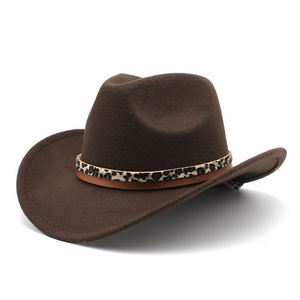 Leopard Belt Men Women's Autumn Winter Woolen Fedora Outdoor Knights Western Cowboy Felt Cap Hat