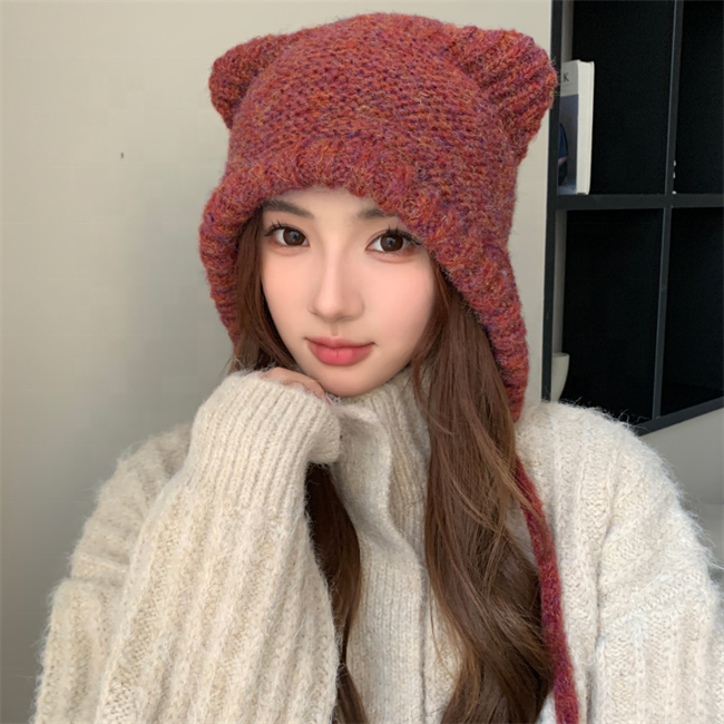 Latest 2023 new winter cute cat ear flap knit warm wool acrylic colorful yarns beanie hat with string