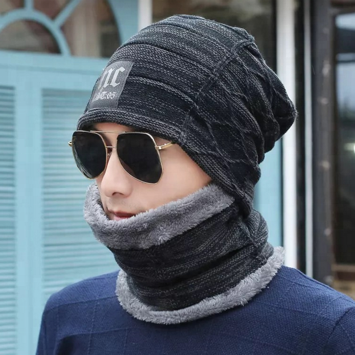 Mens NC Knitted Winter Hat and Scarf Beanie Casual Neck Warmer Knit Men's Winter Hats Caps