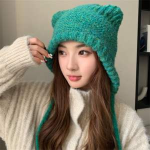 Latest 2023 new winter cute cat ear flap knit warm wool acrylic colorful yarns beanie hat with string