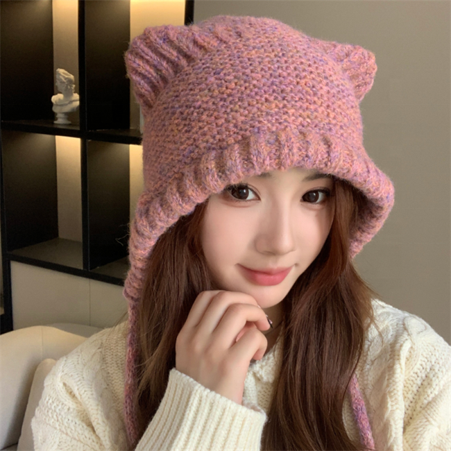 Latest 2023 new winter cute cat ear flap knit warm wool acrylic colorful yarns beanie hat with string