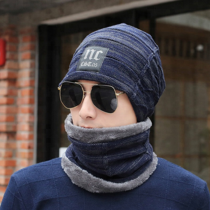 Mens NC Knitted Winter Hat and Scarf Beanie Casual Neck Warmer Knit Men's Winter Hats Caps