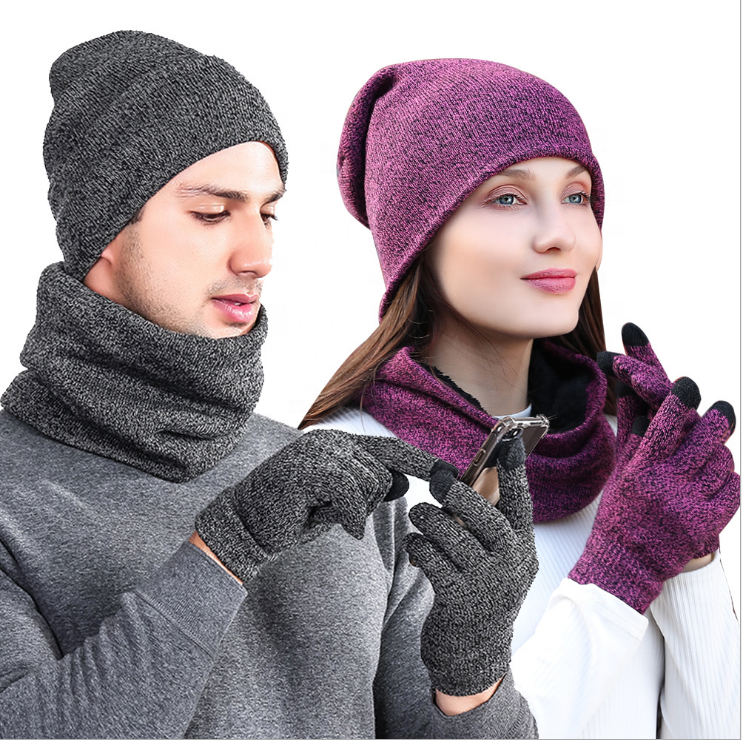 2018 Latest Design Fashion Plain Colors Warm Knit winter Hat Scarf Gloves Set