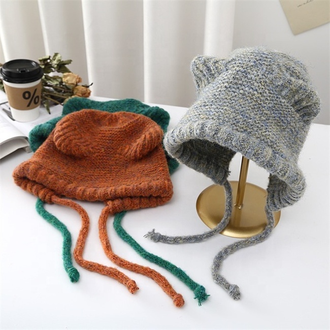 Latest 2023 new winter cute cat ear flap knit warm wool acrylic colorful yarns beanie hat with string