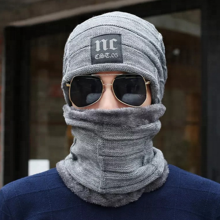 Mens NC Knitted Winter Hat and Scarf Beanie Casual Neck Warmer Knit Men's Winter Hats Caps