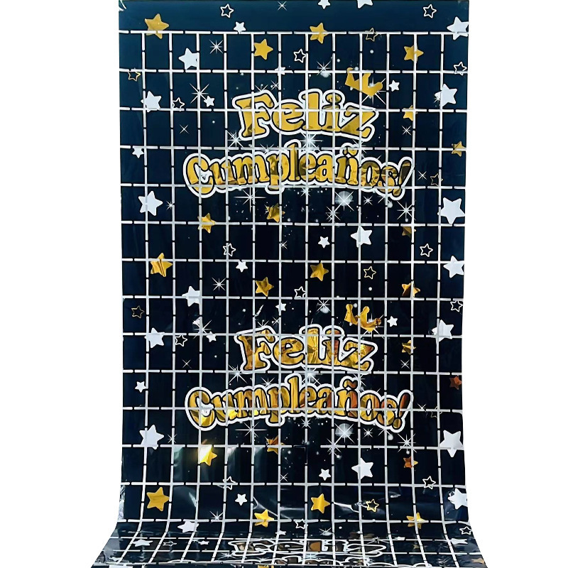 Spanish Happy Birthday Party Background Backdrop Wall Decor Feliz Cumpleanos Metallic Foil Tinsel Fringe Curtain Streamers