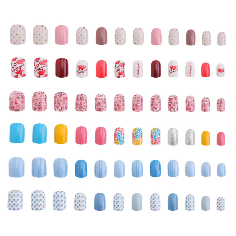 24pcs Litter Girl Acrylic False Nails Press on Pre-glue Full Cover Glitter Gradient Color Rainbow Short False Nail Art Kits Set