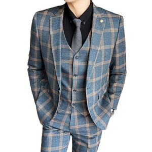 Latest Design Men Suits Groom Suit for Stylish Men's Plaid Casual Blazers 3 Piece Coat Pant Men Suit