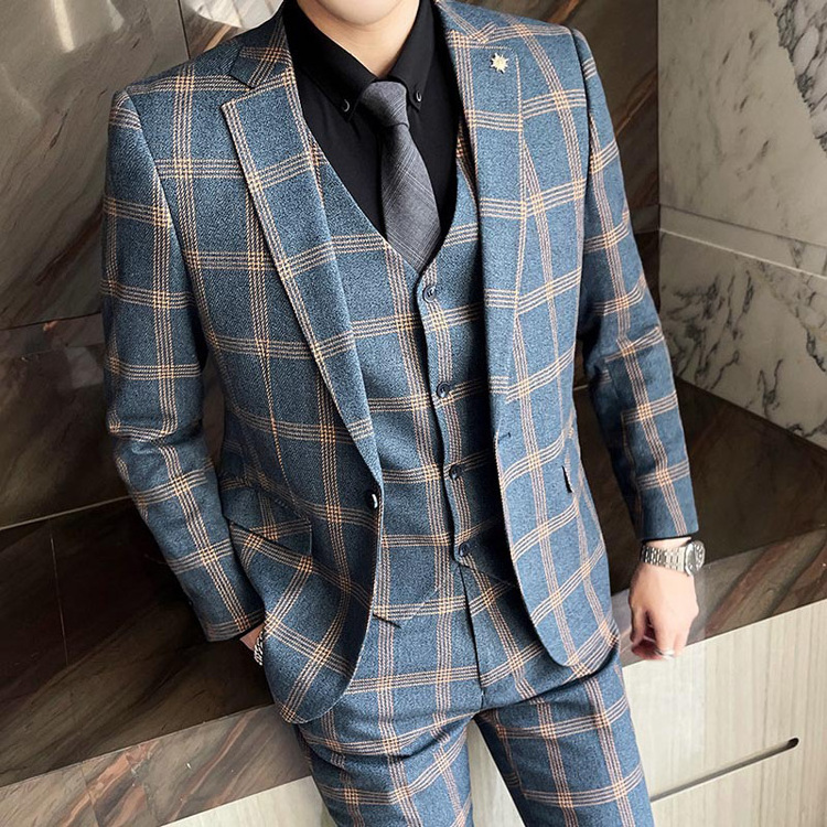 Latest Design Men Suits Groom Suit for Stylish Men's Plaid Casual Blazers 3 Piece Coat Pant Men Suit