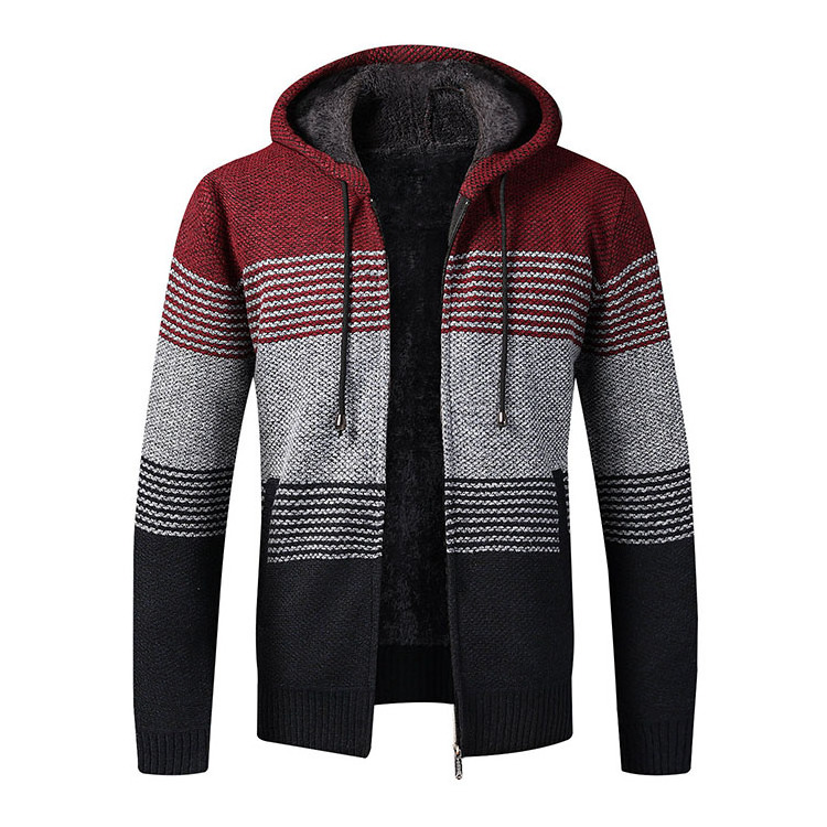 Fall Winter Men Stripe Hooded Cardigan Sweater