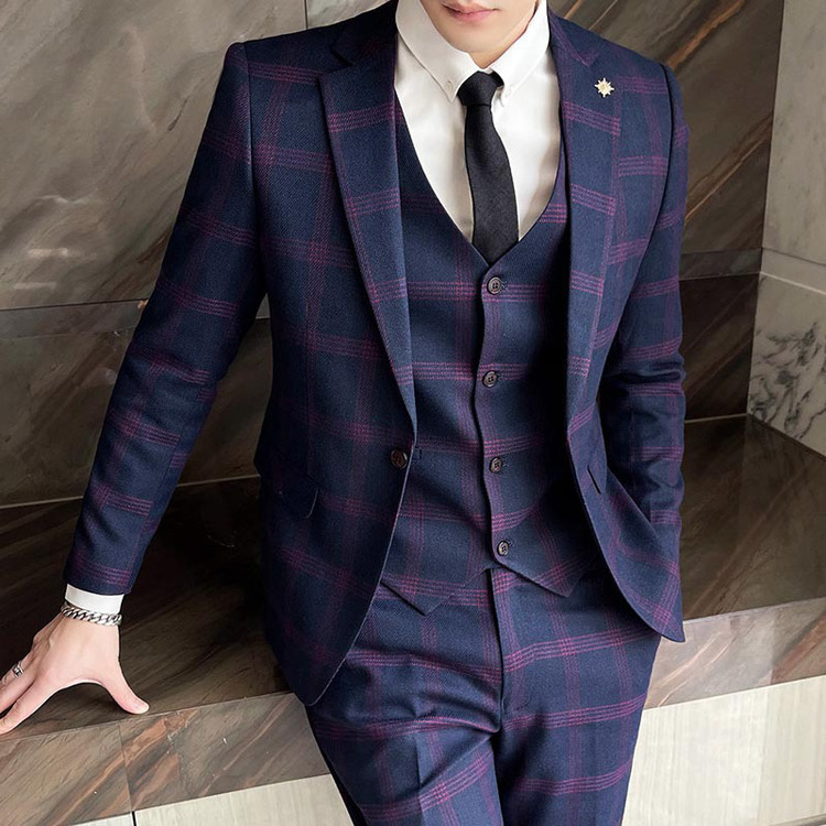 Latest Design Men Suits Groom Suit for Stylish Men's Plaid Casual Blazers 3 Piece Coat Pant Men Suit