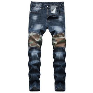 Men Leisure Biker Jeans Camouflage Patchwork Slim Fit Denim Pants