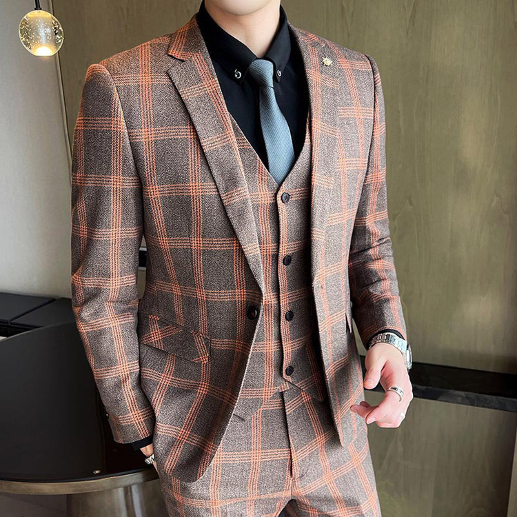 Latest Design Men Suits Groom Suit for Stylish Men's Plaid Casual Blazers 3 Piece Coat Pant Men Suit