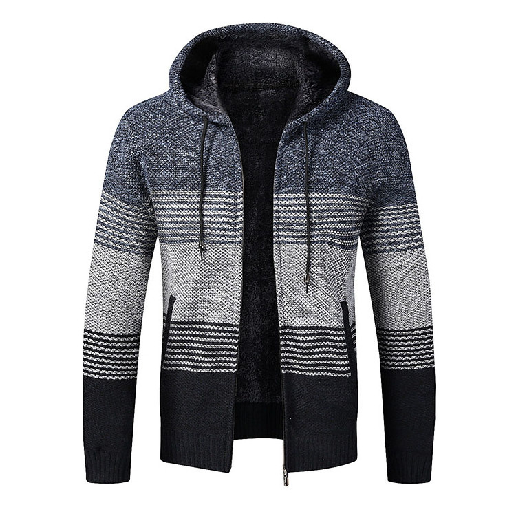 Fall Winter Men Stripe Hooded Cardigan Sweater