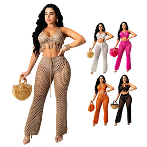 Wholesale 2022 Summer Fashion Cross Halter Beach Crochet Top and Pants 2pcs Set