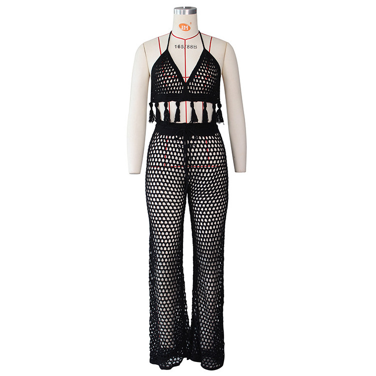 Wholesale 2022 Summer Fashion Cross Halter Beach Crochet Top and Pants 2pcs Set