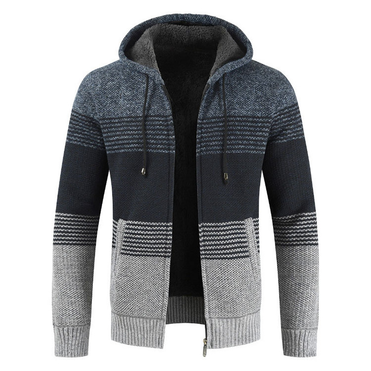 Fall Winter Men Stripe Hooded Cardigan Sweater