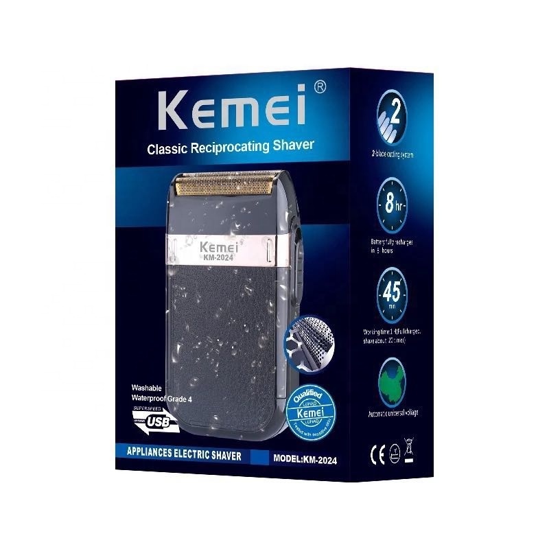 Kemei-2024 USB Charging Electric Shaver For Men Reciprocating Twin Blade Razor Shaver Waterproof Beard Trimmer Shaving Machine