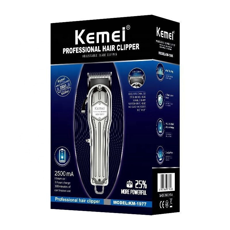 Custom Design High Speed Motor Working Kemei  Hair Clipper KM-1977 Rechargeable Electric Hair Clipper Metal