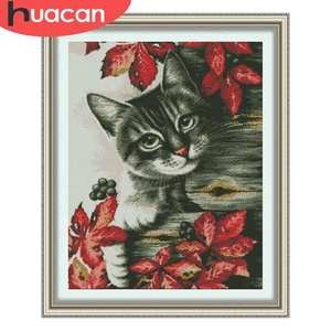 HUACAN Cross Stitch Lovely Cat Cotton Thread Painting DIY Needlework DMC Kits 14CT Embroidery Home Decoration