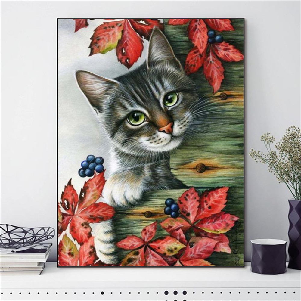 HUACAN Cross Stitch Lovely Cat Cotton Thread Painting DIY Needlework DMC Kits 14CT Embroidery Home Decoration