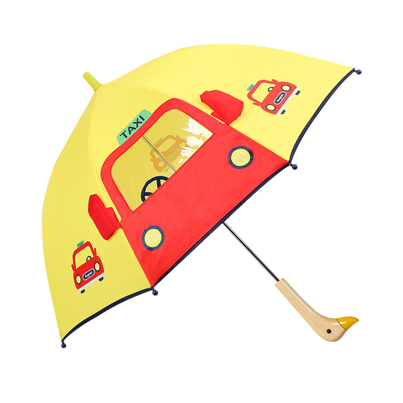 Lakuna 2024 new yellow duck cartoon umbrella kindergarten kids wood handle Unobstructed view safety umbrella for students