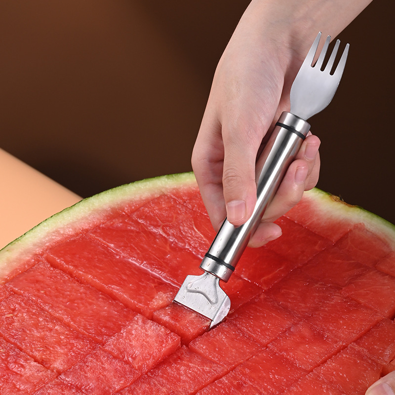 Creative Kitchen Small Gadgets 2 in 1 Fruit Melon Fork Stainless Steel Watermelon Cutter Fruit Watermelon Slicer Cutting Tool