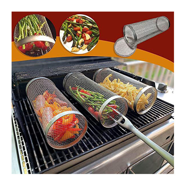 Bbq Net Tube 8in 12in Greatest Ever Stainless Steel Metal Grill Barbecue Cylinder Round outdoor 2pcs Rolling Grilling Basket