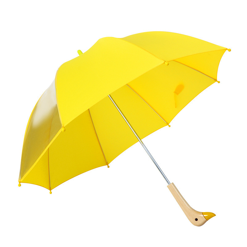 Lakuna 2024 new yellow duck cartoon umbrella kindergarten kids wood handle Unobstructed view safety umbrella for students