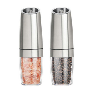 Silver Battery Powered With LED Light Automatic Operation Stainless Steel Gravity Electric Mill Pepper And Salt Grinder Set