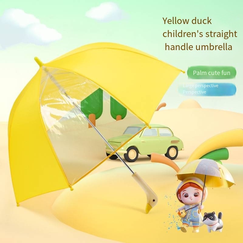 Lakuna 2024 new yellow duck cartoon umbrella kindergarten kids wood handle Unobstructed view safety umbrella for students