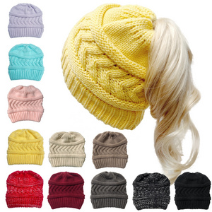 1&2 Pack Winter Hat Ponytail Beanie Hat for Women Soft Stretch Cable Knit Messy Bun Beanie Trendy and Warm