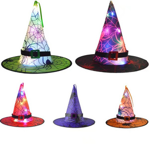 Halloween Witch Hat lights Cosplay Witch Party Decorations Party Spider web Colorful light Accessories Decorative lamp hat