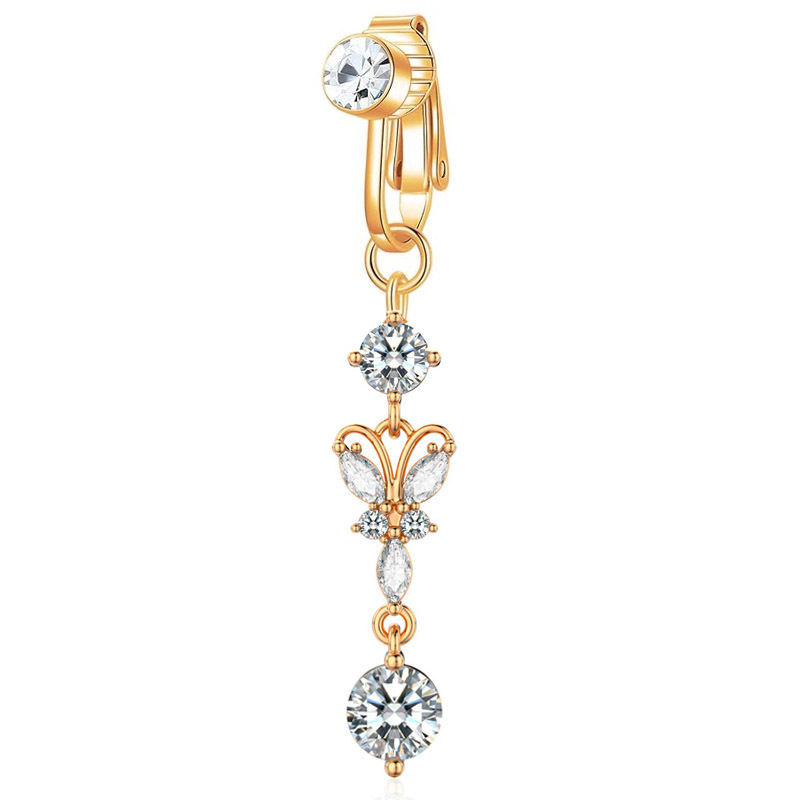 Multicolor butterfly pendant belly ring without piercing zircon fake belly button ring for ladies belly button clip