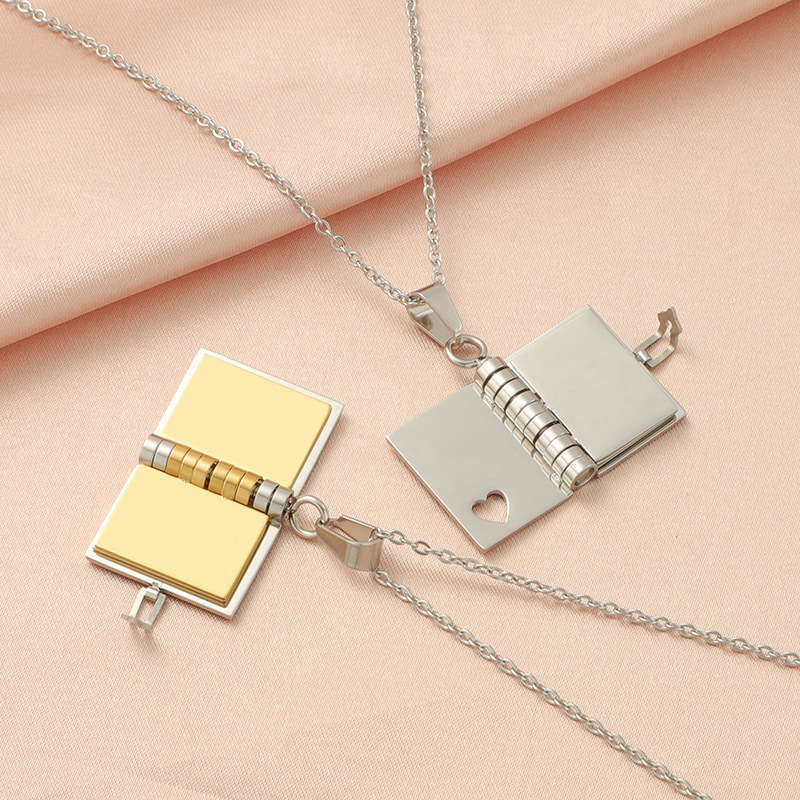 Personalized Custom Engraved Logo Stainless Steel Jewelry 3D Simulation Foldable Book Pendant Necklace for Couple