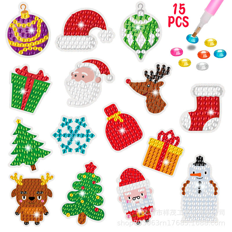 LS 12pcs diy 5d diamond painting stickers kids Christmas snowman cartoon sticker for boys girls Xmas