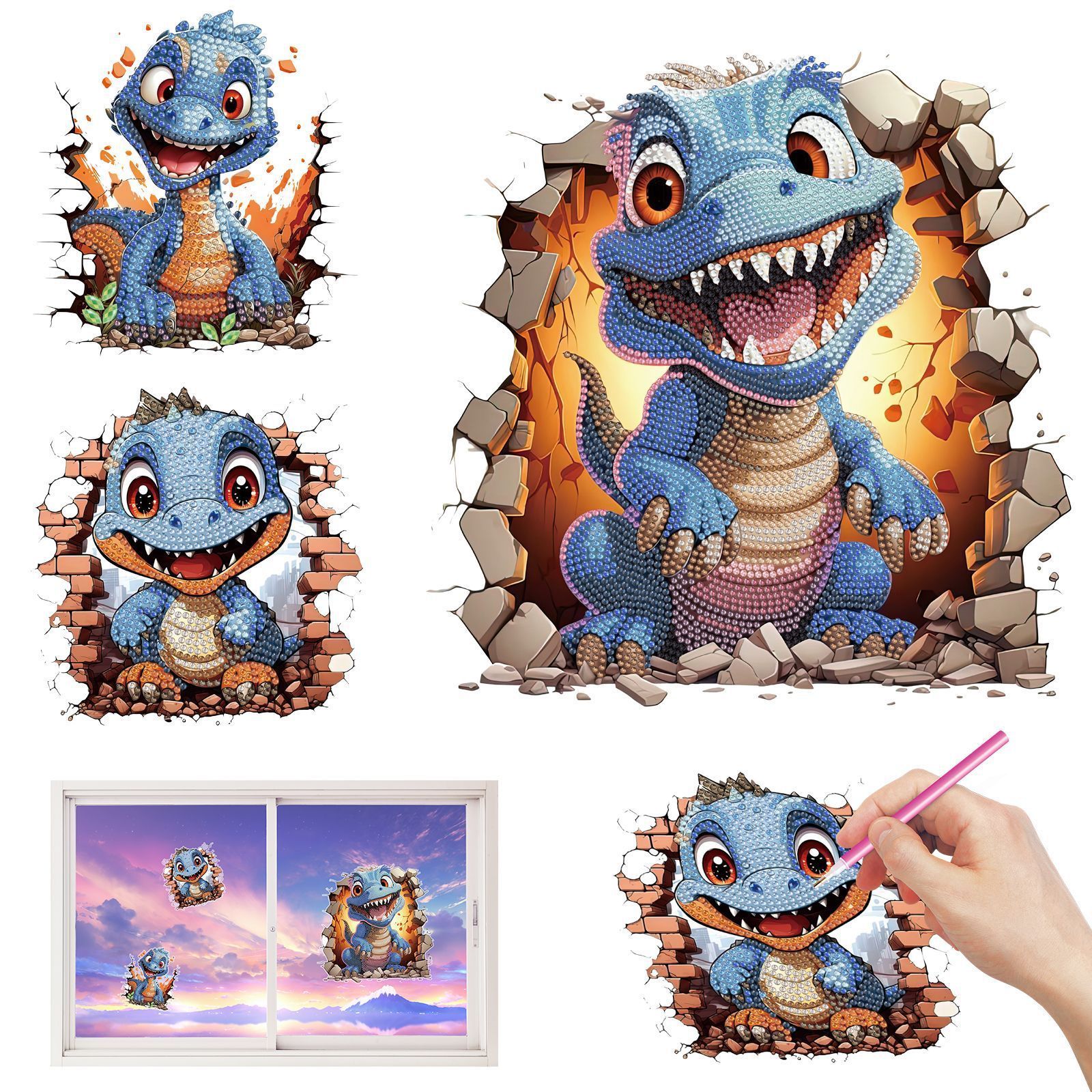 LS 3 pcs set 5D DIY diamond painting wall window sticker Dinosaur dog diamond dot painting free stickers for kids Adults