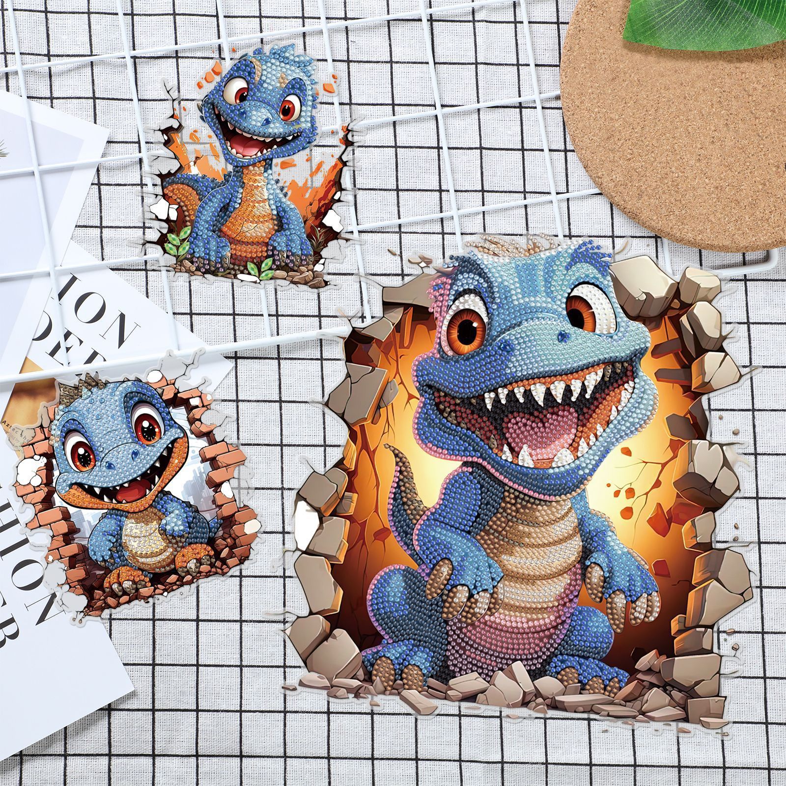 LS 3 pcs set 5D DIY diamond painting wall window sticker Dinosaur dog diamond dot painting free stickers for kids Adults