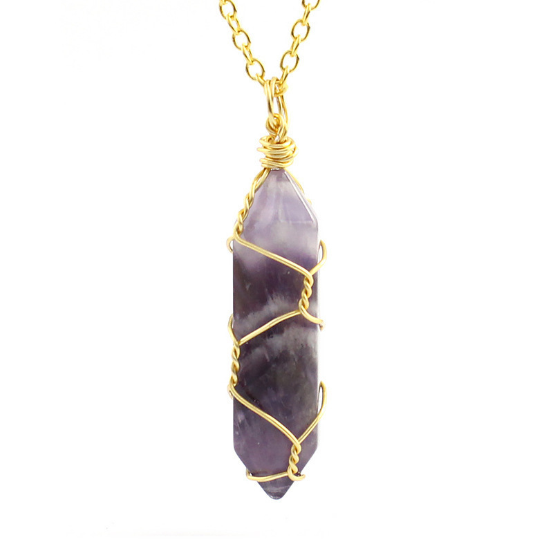 Hexagonal Column Quartz Necklace Pendant Natural Stone Healing Point Bullet Crystal Gold Silver Color Wire Wrapped Necklace