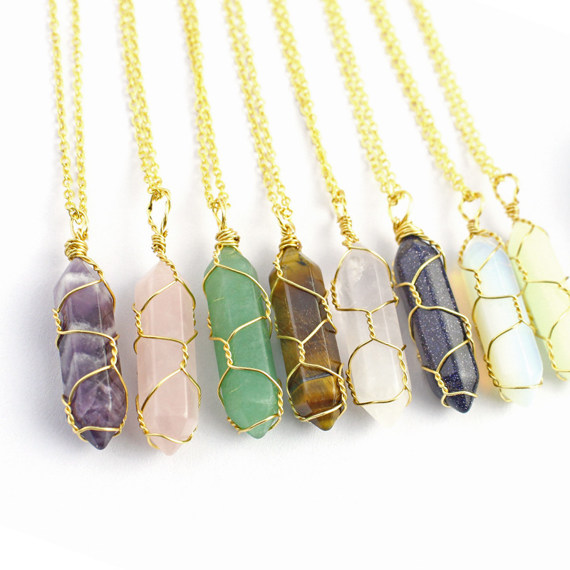 Hexagonal Column Quartz Necklace Pendant Natural Stone Healing Point Bullet Crystal Gold Silver Color Wire Wrapped Necklace