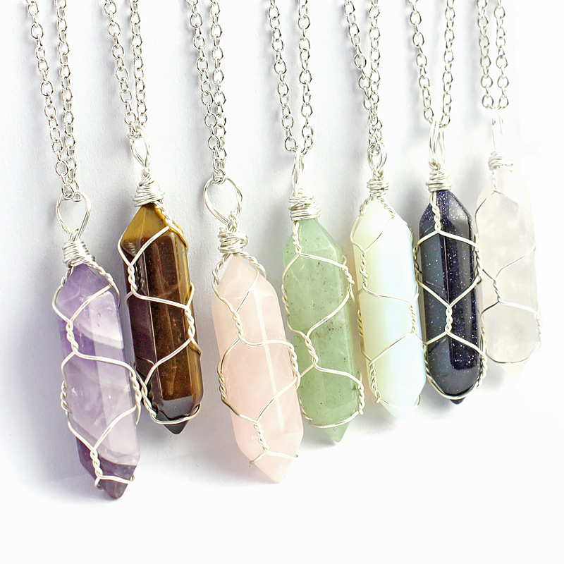 Hexagonal Column Quartz Necklace Pendant Natural Stone Healing Point Bullet Crystal Gold Silver Color Wire Wrapped Necklace