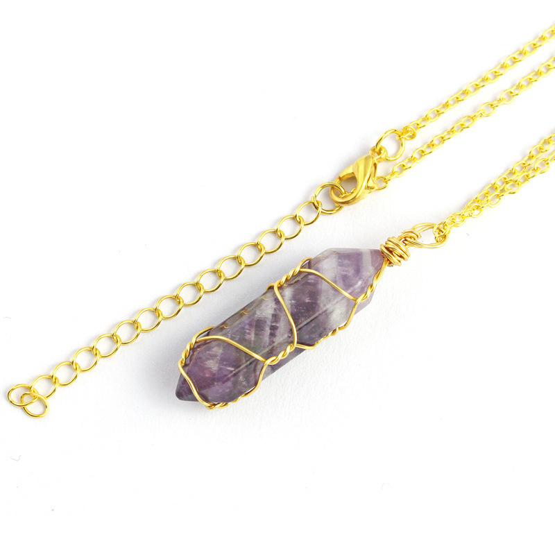 Hexagonal Column Quartz Necklace Pendant Natural Stone Healing Point Bullet Crystal Gold Silver Color Wire Wrapped Necklace