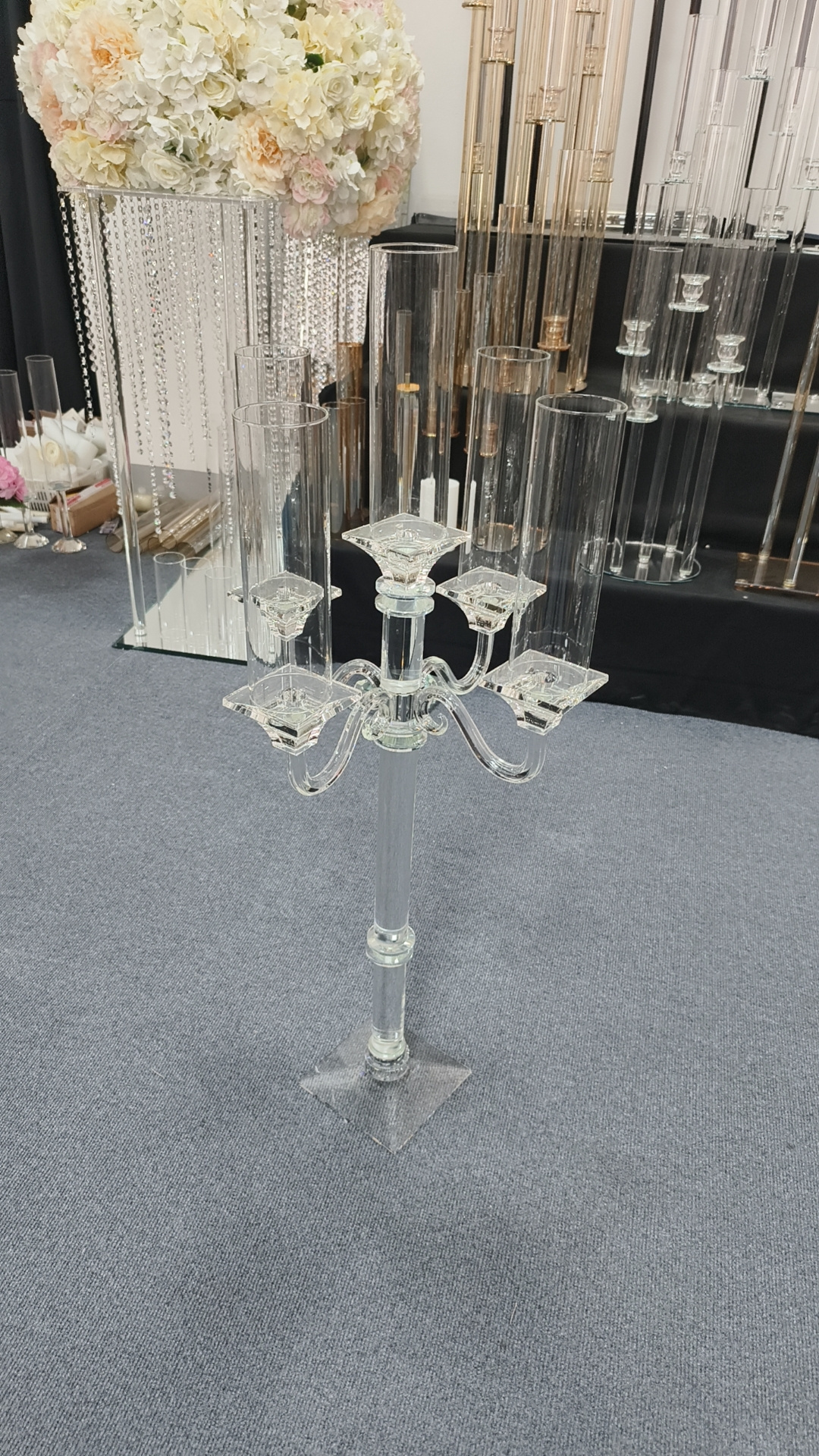 Crystal Pillar Tall Glass Candle Holder 5 Arms Crystal Candlesticks For Wedding Decor Cheap Glass Candlesticks