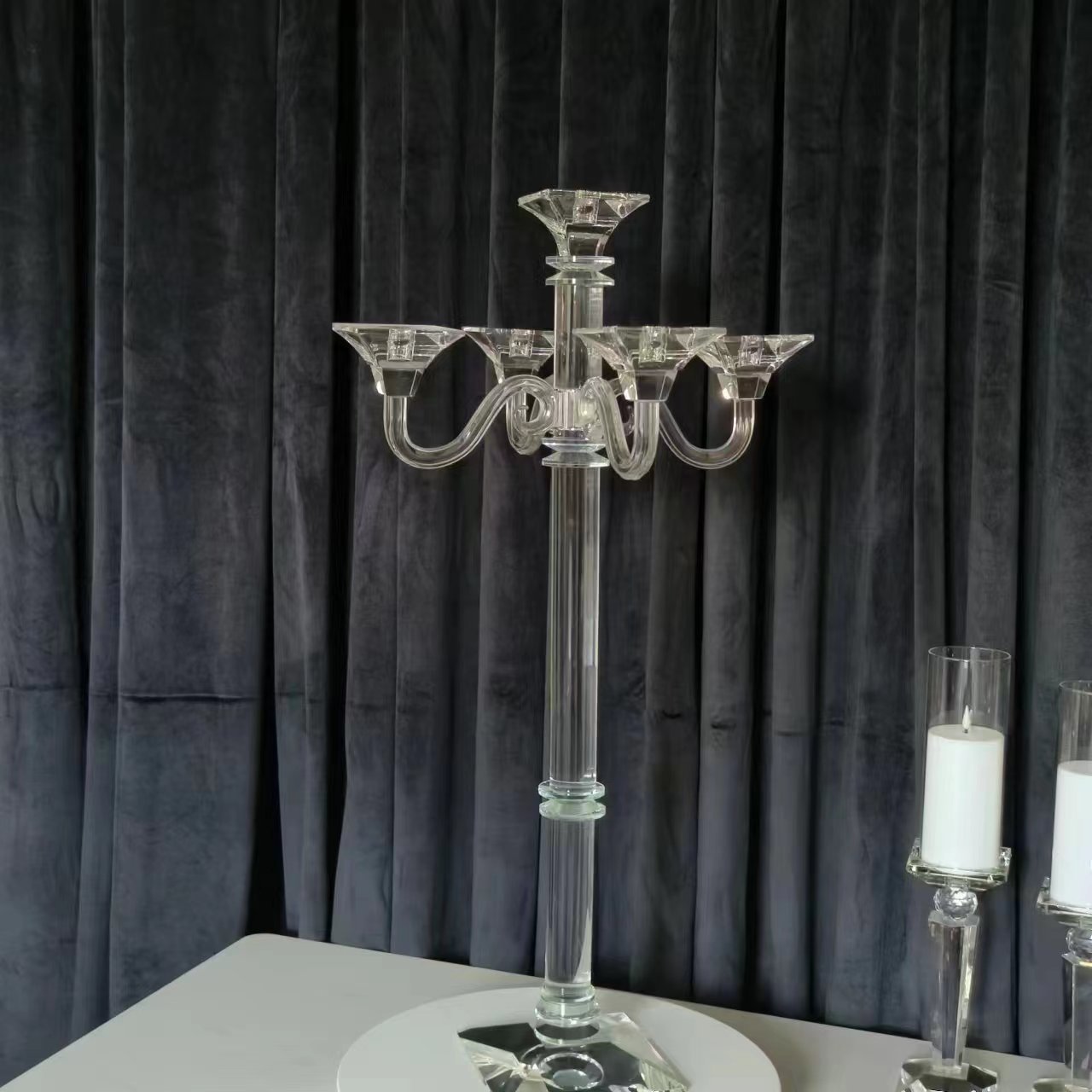 Crystal Pillar Tall Glass Candle Holder 5 Arms Crystal Candlesticks For Wedding Decor Cheap Glass Candlesticks