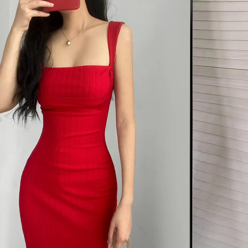 Fashion Summer New Korean Red Dress 2024 New Sexy Short Female Dress Elegant Long Hot Sexy Women Sweet Dresses 94S6