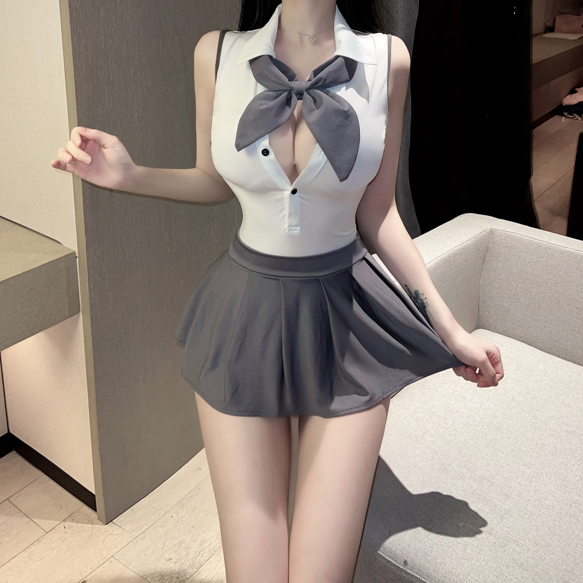 Hot Sweet Tops Fashion 2024 Mini Korean Style Sexy Student Uniform JK Elegant Backless Women Dress with Bow Costumes P8DT