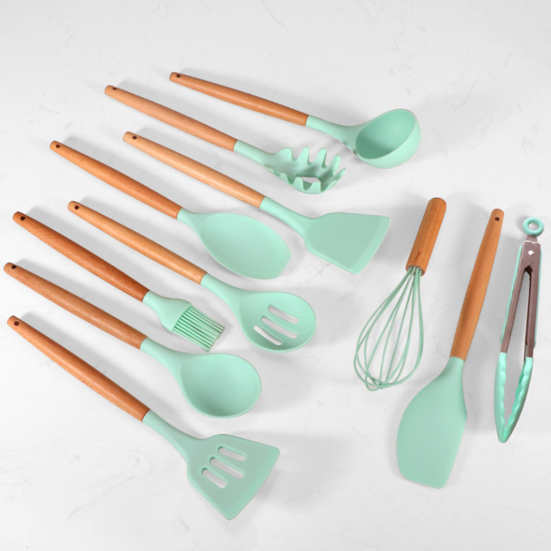 Super September Kitchen Gadgets Tools Kitchenware Spatula Silicone Home Kitchen Tools Set with Wooden Handles 12 Pieces in 1 Set