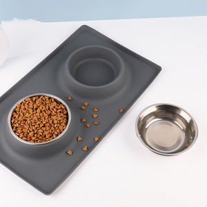 Cat And Dog Bowls Pet Feeder Food Double Pet Bowl Stainless Steel With Mat Silicone Non Slip Dog Bowl