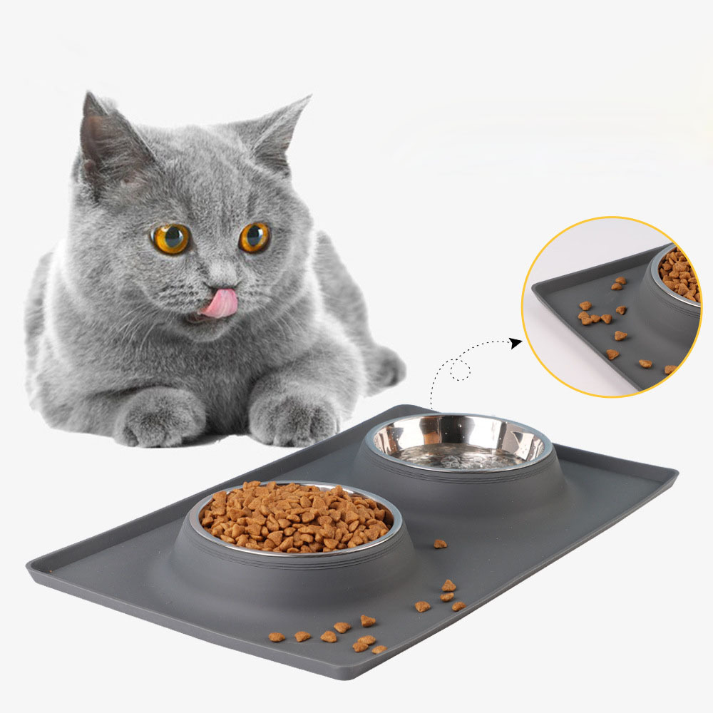 Cat And Dog Bowls Pet Feeder Food Double Pet Bowl Stainless Steel With Mat Silicone Non Slip Dog Bowl